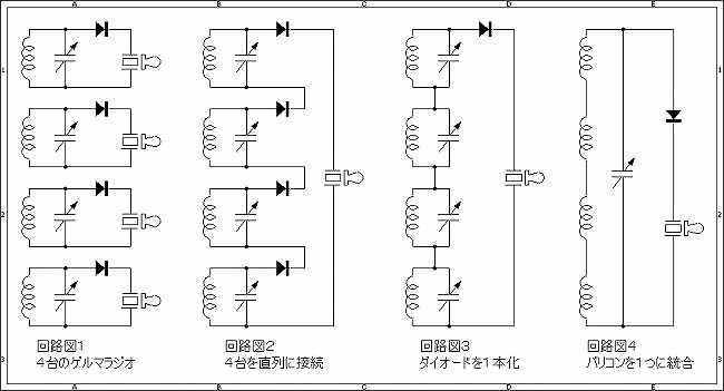 4台のゲルマラジオを統合した回路図