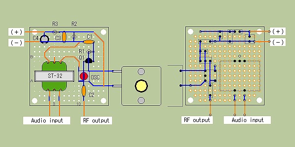 USBバスパワー駆動の簡易AM発信器の実体配線図